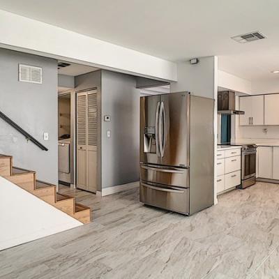 Kitchen with stainless-steel appliances